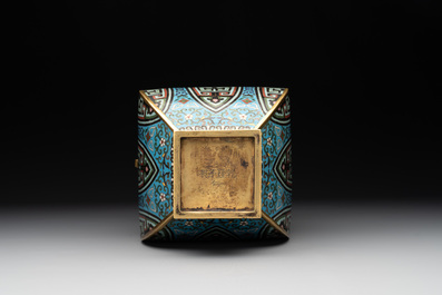 A Chinese cloisonn&eacute; square archaic-style vase, Qianlong and Ren mark, 19/20th C.