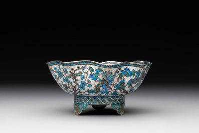 A Chinese enamelled silver bowl, a box and an opium container, 19th C.