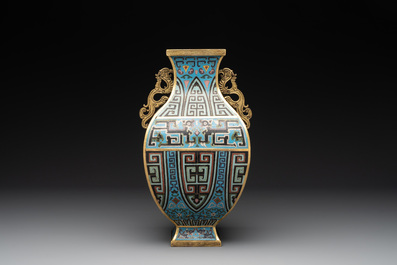 A Chinese cloisonn&eacute; square archaic-style vase, Qianlong and Ren mark, 19/20th C.