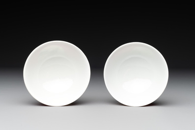 A pair of Chinese puce-sgraffito-ground 'landscape' bowls, Qianlong mark, Republic