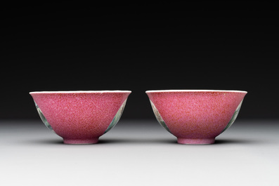 A pair of Chinese puce-sgraffito-ground 'landscape' bowls, Qianlong mark, Republic