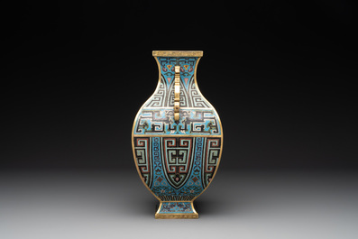 A Chinese cloisonn&eacute; square archaic-style vase, Qianlong and Ren mark, 19/20th C.