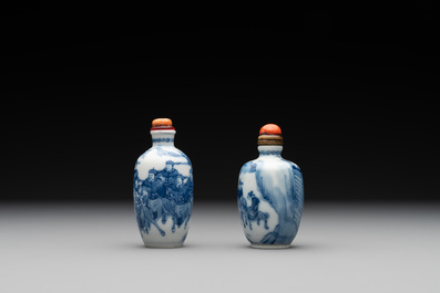 Two Chinese blue and white 'riders on horseback' snuff bottles, Yongzheng mark, 19th C.