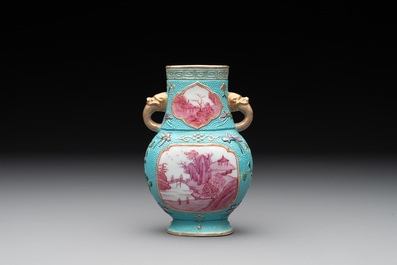 A Chinese famille rose puce-enamelled turquoise-ground 'hu' vase, Republic
