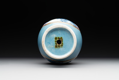 A rare Chinese blue, white and famille rose vase with landscape design, Guangxu mark, dated 1908