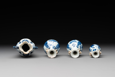 Four Chinese blue and white miniature 'Long Eliza' vases, Kangxi