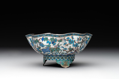 A Chinese enamelled silver bowl, a box and an opium container, 19th C.