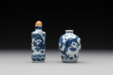Two Chinese blue and white 'dragon' snuff bottles, Chenghua and Qianlong mark, 19th C.