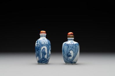 Two Chinese blue and white 'riders on horseback' snuff bottles, Yongzheng mark, 19th C.