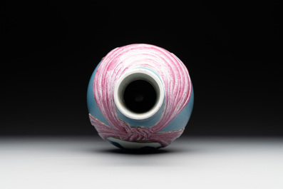 A rare Chinese blue, white and famille rose vase with landscape design, Guangxu mark, dated 1908