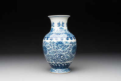 A Chinese blue and white 'phoenix and flower scroll' vase, Qianlong mark, 19th C.