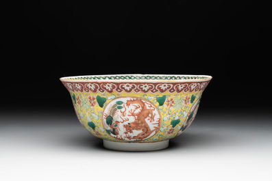 A Chinese famille rose yellow-ground 'dragon and phoenix' bowl, artemisia leaf mark, Guangxu