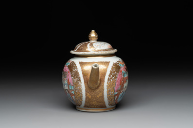 A Chinese Canton gilt-decorated famille rose 'go players' teapot, Yongzheng