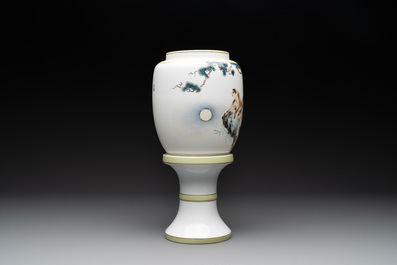 A Chinese polychrome-decorated eggshell 'monkeys' lantern on stand, 20th C.