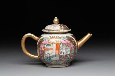 A Chinese Canton gilt-decorated famille rose 'go players' teapot, Yongzheng