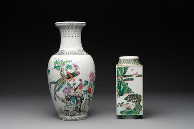 Three Chinese famille rose vases and a famille verte 'cong' vase, Qianlong mark, 20th C.