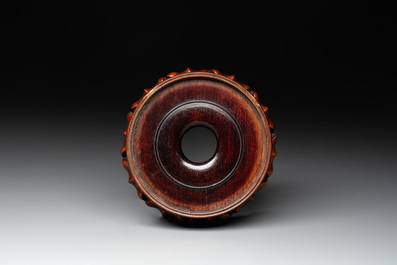 A Chinese famille rose turquoise-and-yellow-ground 'dragon' bowl on wooden stand, Qianlong mark, Republic