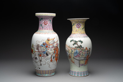 Three Chinese famille rose vases and a famille verte 'cong' vase, Qianlong mark, 20th C.