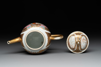 A Chinese Canton gilt-decorated famille rose 'go players' teapot, Yongzheng
