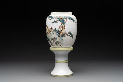 A Chinese polychrome-decorated eggshell 'monkeys' lantern on stand, 20th C.