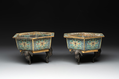 A pair of Chinese cloisonn&eacute; 'lotus and elephant' jardini&egrave;res, 18/19th C.