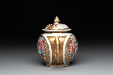 A Chinese Canton gilt-decorated famille rose 'go players' teapot, Yongzheng