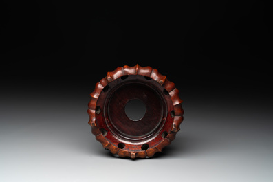 A Chinese famille rose turquoise-and-yellow-ground 'dragon' bowl on wooden stand, Qianlong mark, Republic