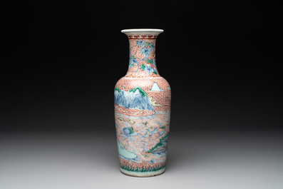 A Chinese wucai 'mountainous landscape' vase, Transitional period