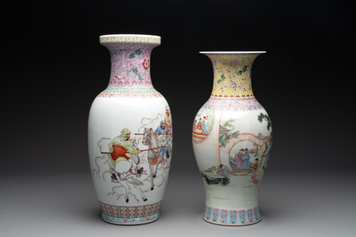 Three Chinese famille rose vases and a famille verte 'cong' vase, Qianlong mark, 20th C.