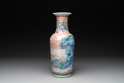 A Chinese wucai 'mountainous landscape' vase, Transitional period
