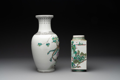 Three Chinese famille rose vases and a famille verte 'cong' vase, Qianlong mark, 20th C.