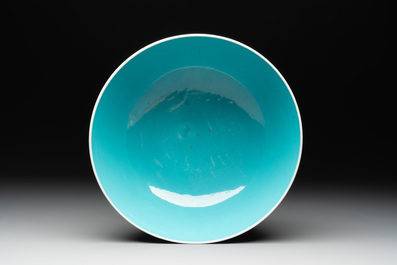 A Chinese famille rose turquoise-and-yellow-ground 'dragon' bowl on wooden stand, Qianlong mark, Republic