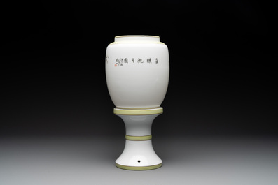 A Chinese polychrome-decorated eggshell 'monkeys' lantern on stand, 20th C.
