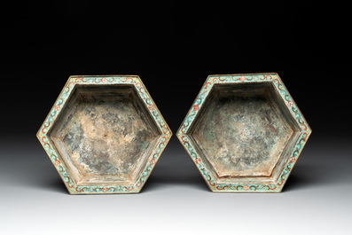 A pair of Chinese cloisonn&eacute; 'lotus and elephant' jardini&egrave;res, 18/19th C.