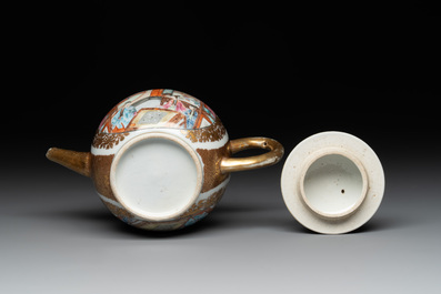 A Chinese Canton gilt-decorated famille rose 'go players' teapot, Yongzheng