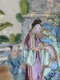 Two Chinese Canton famille rose dishes and a tazza with narrative design, 19th C.