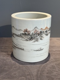 A Chinese grisaille and iron-red 'landscape' brush pot, Ju Ren Tang mark, Republic