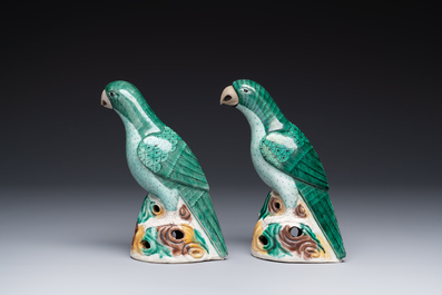 A pair of Chinese sancai-glazed parrots, Kangxi
