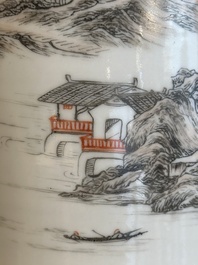 A Chinese grisaille and iron-red 'landscape' brush pot, Ju Ren Tang mark, Republic