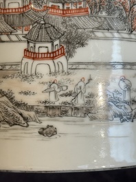 A Chinese grisaille and iron-red 'landscape' brush pot, Ju Ren Tang mark, Republic