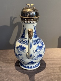 A Chinese silver-mounted blue and white 'Mongolian hunt' ewer, Transitional period