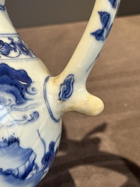 A Chinese silver-mounted blue and white 'Mongolian hunt' ewer, Transitional period
