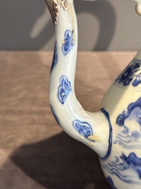 A Chinese silver-mounted blue and white 'Mongolian hunt' ewer, Transitional period