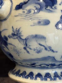 A Chinese silver-mounted blue and white 'Mongolian hunt' ewer, Transitional period