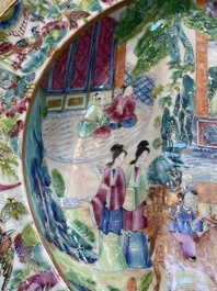 Two Chinese Canton famille rose dishes and a tazza with narrative design, 19th C.