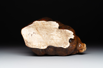 A fine Chinese cafe-au-lait glazed hare on wooden stand, Tian 天 mark, Qing