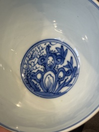 A Chinese blue and white 'Three Friends of Winter' bowl, Jiajing mark, Kangxi