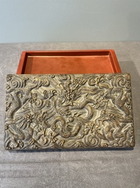 A Chinese rectangular silver-inlaid zitan 'dragon' box and cover, 17/18th C.