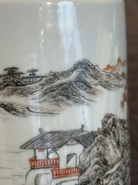 A Chinese grisaille and iron-red 'landscape' brush pot, Ju Ren Tang mark, Republic
