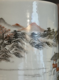 A Chinese grisaille and iron-red 'landscape' brush pot, Ju Ren Tang mark, Republic